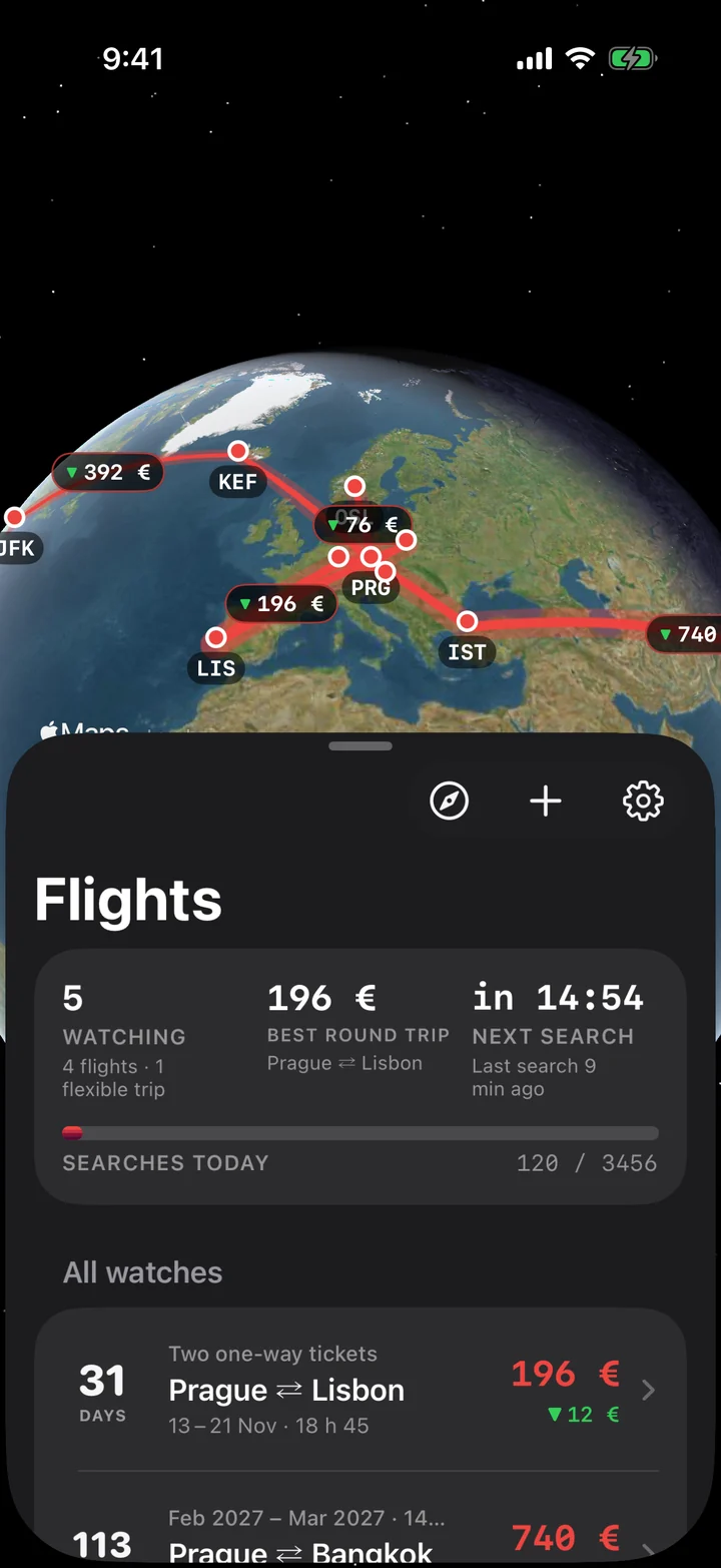 The iPhone app: a satellite globe with every watched route as a glowing arc and its price on it, and the list of flights in a sheet below