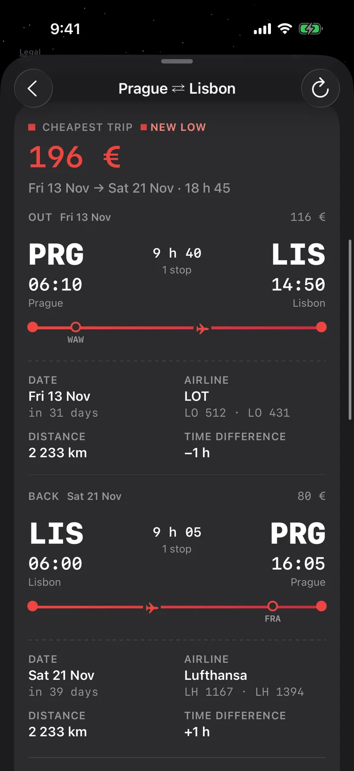 A round trip from Prague to Lisbon as two boarding passes, 196 € for both: out at 06:10 with a stop in Warsaw, back at 06:00 with a stop in Frankfurt, each with its date, airline, distance and time difference